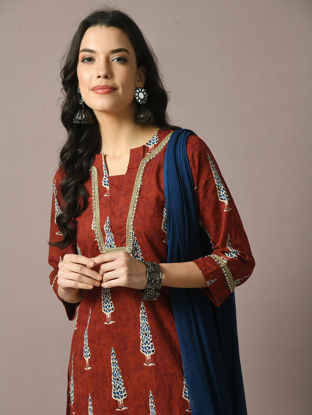 Myshka Women's Rust Printed Cotton Straight Party Kurta Set With Dupatta