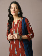 Myshka Women's Rust Printed Cotton Straight Party Kurta Set With Dupatta