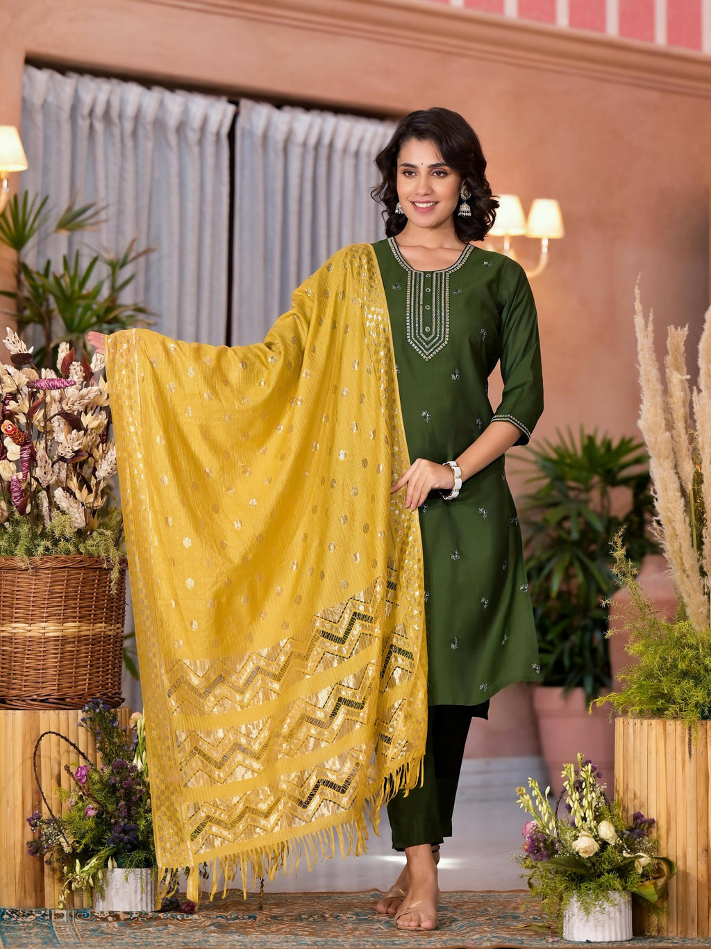 Juniper Women's Green Zari Embroidered Viscose Kurta Pant And Dupatta Set With Tassels On Dupatta