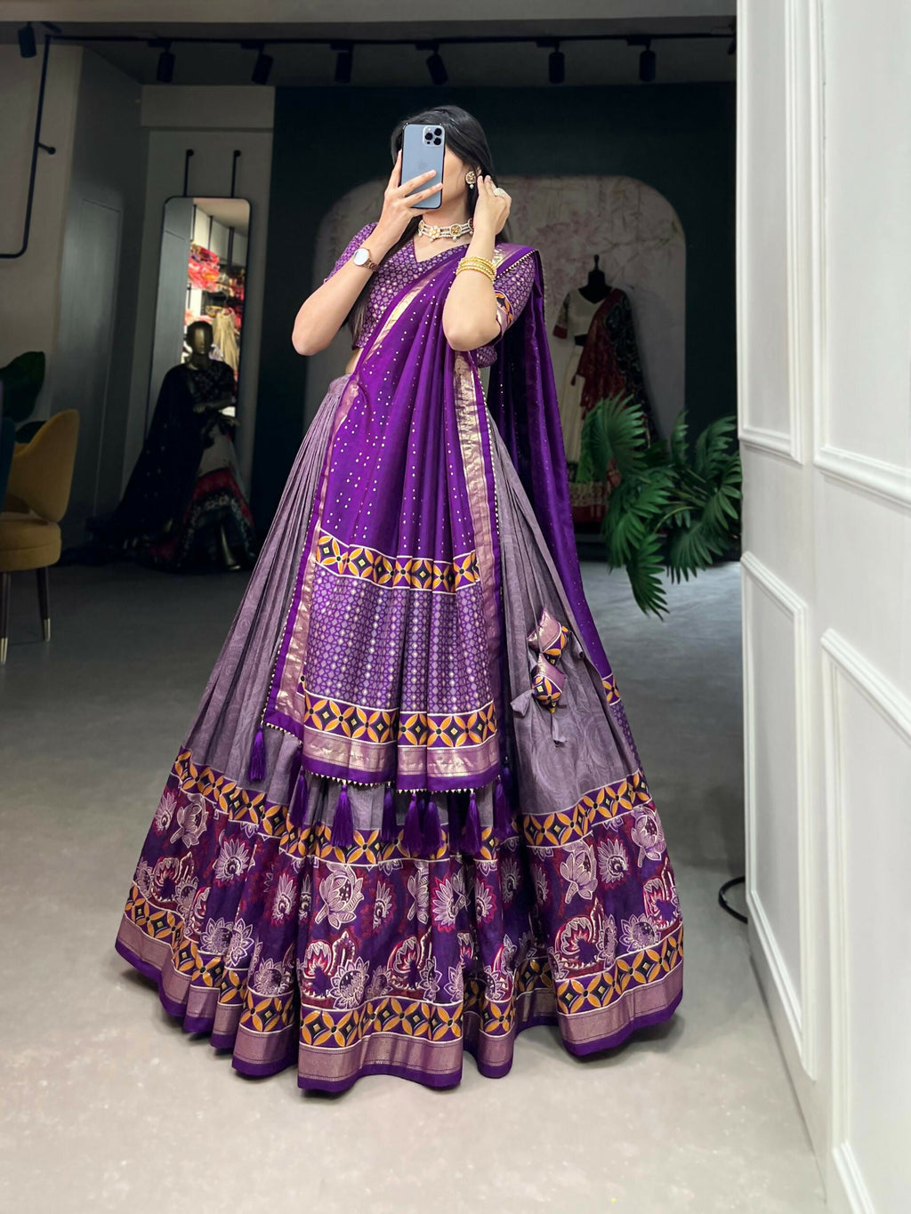 Vastranavya Floral Print With Foil Print Tussar Silk Lehenga with Unstitched Blouse - Purple