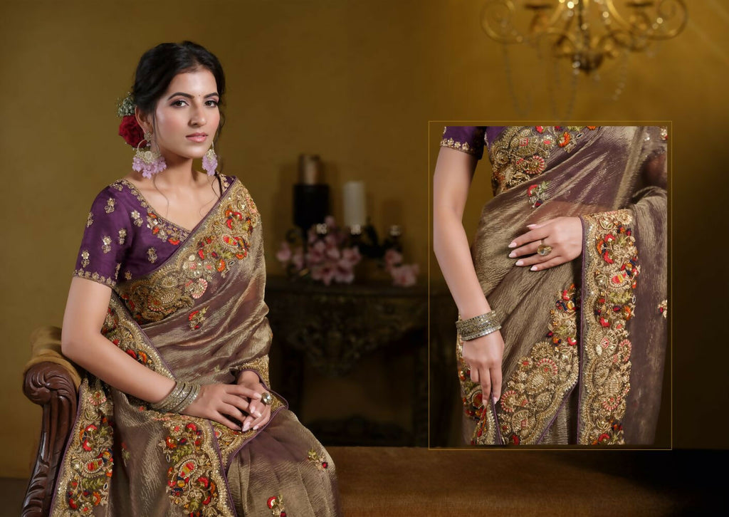 Wine Pure Banarasi Crush Pure Khatli work Designer Saree With Blouse. - Rajasvi