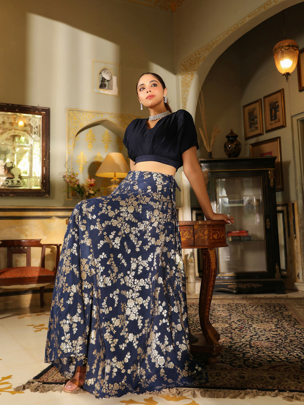 Janasya Navy Blue Silk Blend Solid Lehenga Choli