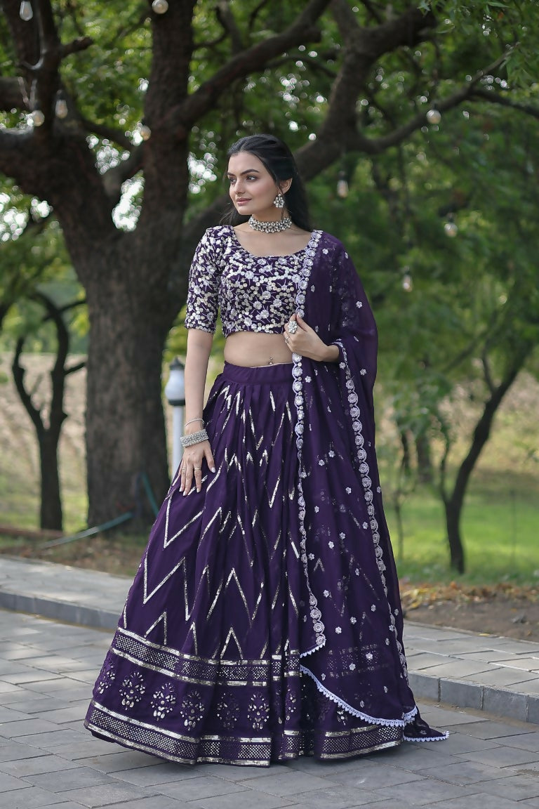 Vastranavya Faux Blooming With Sequins And Thread Embroidered Work Lehenga Choli With Dupatta - Purple