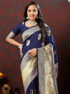 Lorenvalley Fashion Navyblue Soft Silk Woven Design Gold Zari Weaving Saree