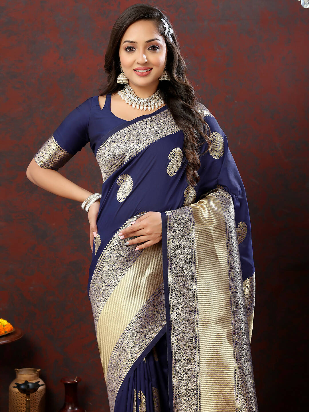 Lorenvalley Fashion Navyblue Soft Silk Woven Design Gold Zari Weaving Saree