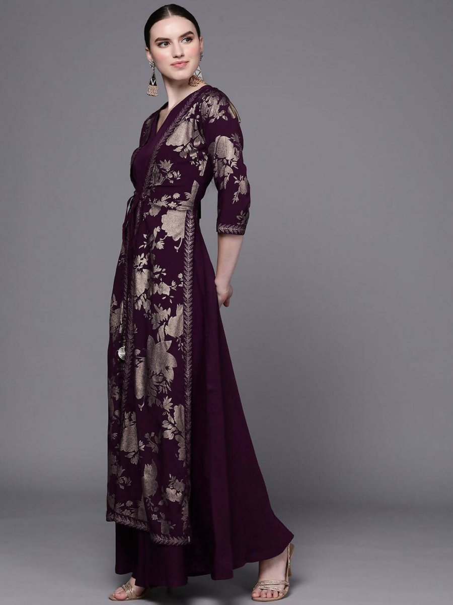 Ahalyaa Women Burgundy Floral Fit & Flare Maxi Ethnic Dress - Distacart