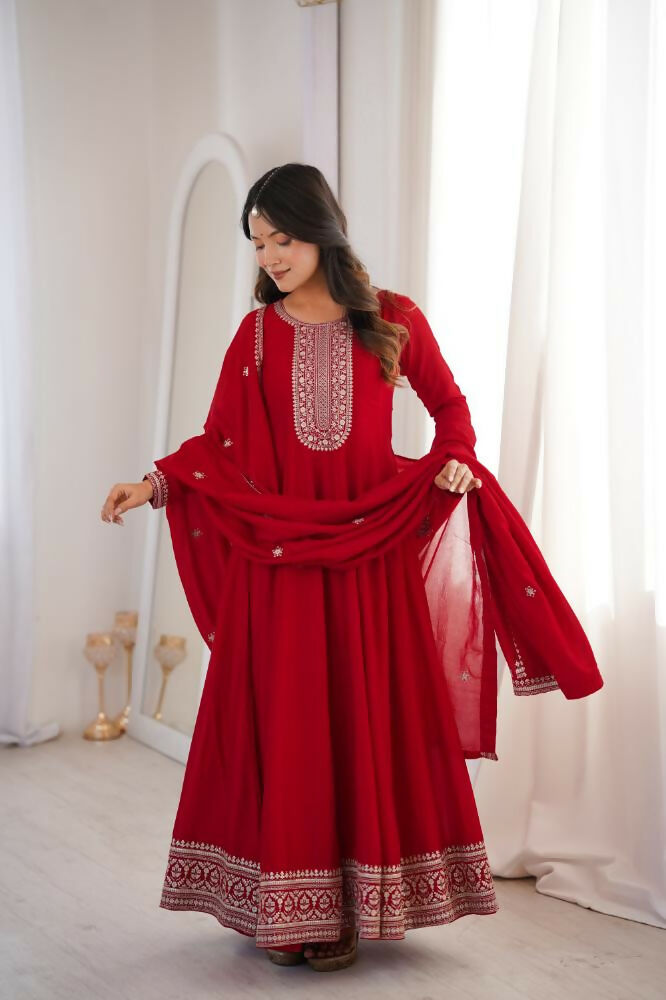 Lehenga Mart Designer Anarkali Suit With Kurta, Dupatta For Women-Dark Red - Distacart