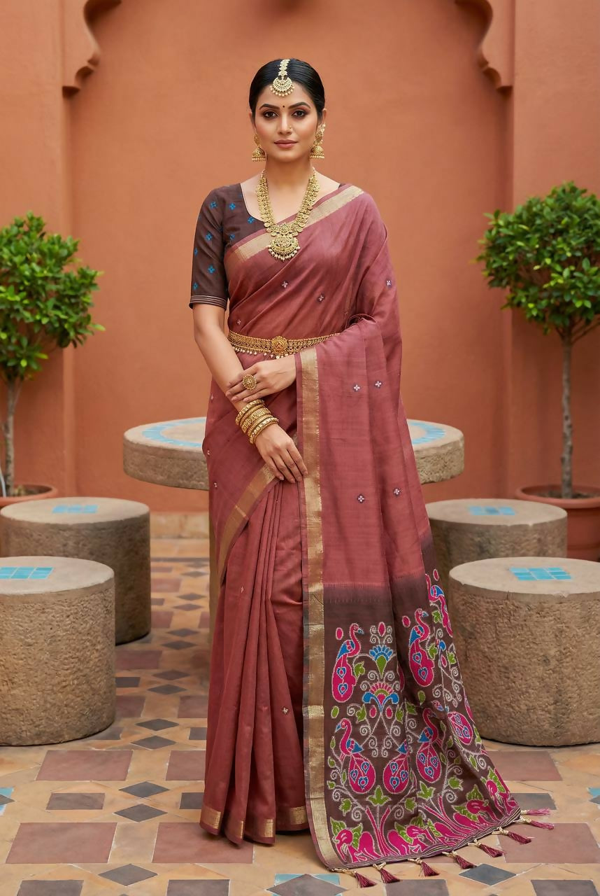 Vastranavya Mauve Muga Cotton Meenakari & Azarakh Pallu Saree with Contrast Blouse - Distacart