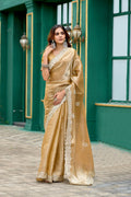 Vastranavya Beige Embroidery Work Shimmer Chiffon Saree with Unstitched Blouse - Distacart