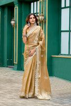 Vastranavya Beige Embroidery Work Shimmer Chiffon Saree with Unstitched Blouse - Distacart