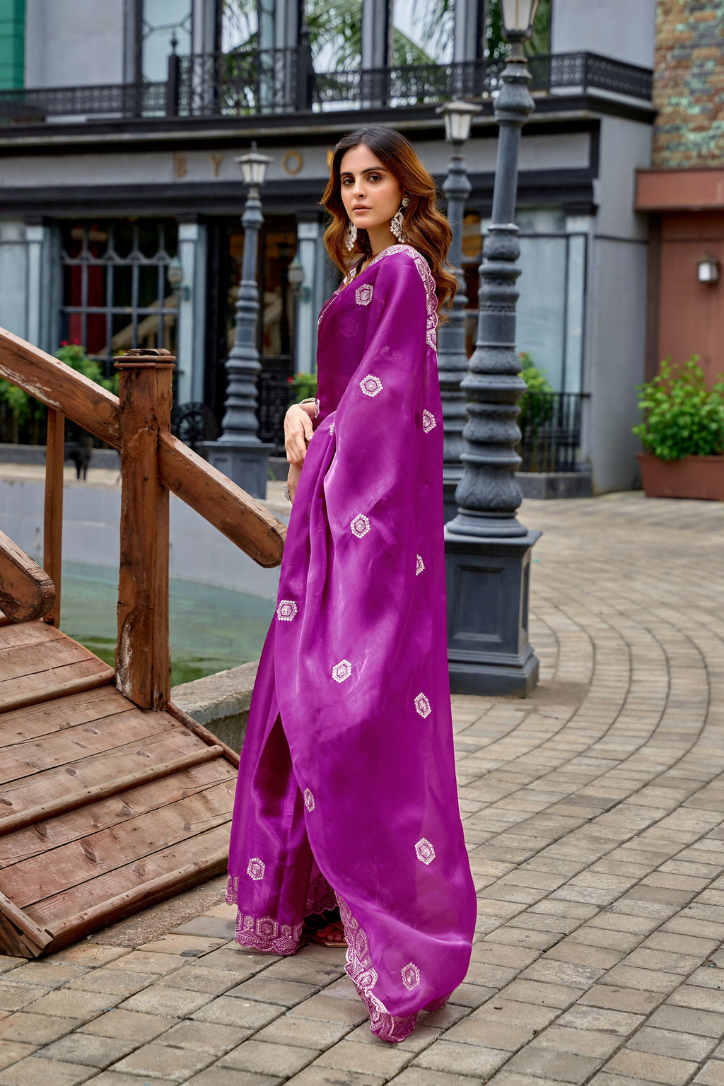 Vastranavya Purple Embroidery Work Shimmer Chiffon Saree with Unstitched Blouse - Distacart