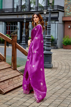 Vastranavya Purple Embroidery Work Shimmer Chiffon Saree with Unstitched Blouse - Distacart