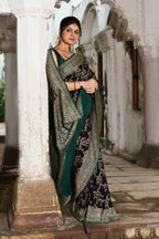 Joban Fashion Navy Blue Crepe Chiffon Pure Handloom Banarasi Silk Saree