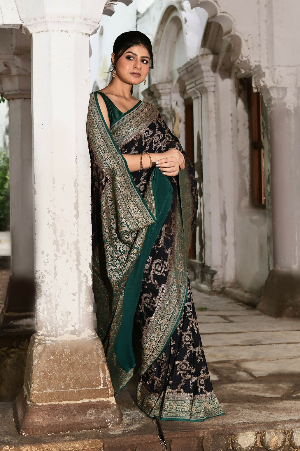 Joban Fashion Navy Blue Crepe Chiffon Pure Handloom Banarasi Silk Saree