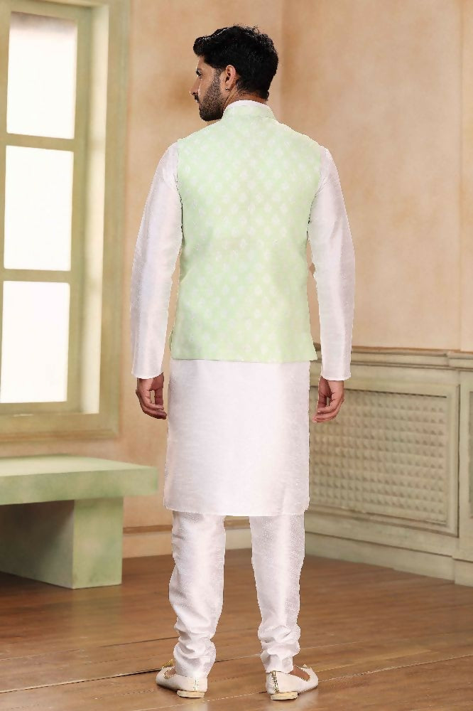 Raivat Ethnic Jacquard Banarasi Silk Woven Work 3 Pics Jacket Set In Pista Green Colour - Distacart