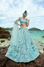 House of Panchhi Sky Blue Organza Sequins, Zarkan And Thread Embroidery Lehenga Choli & Dupatta