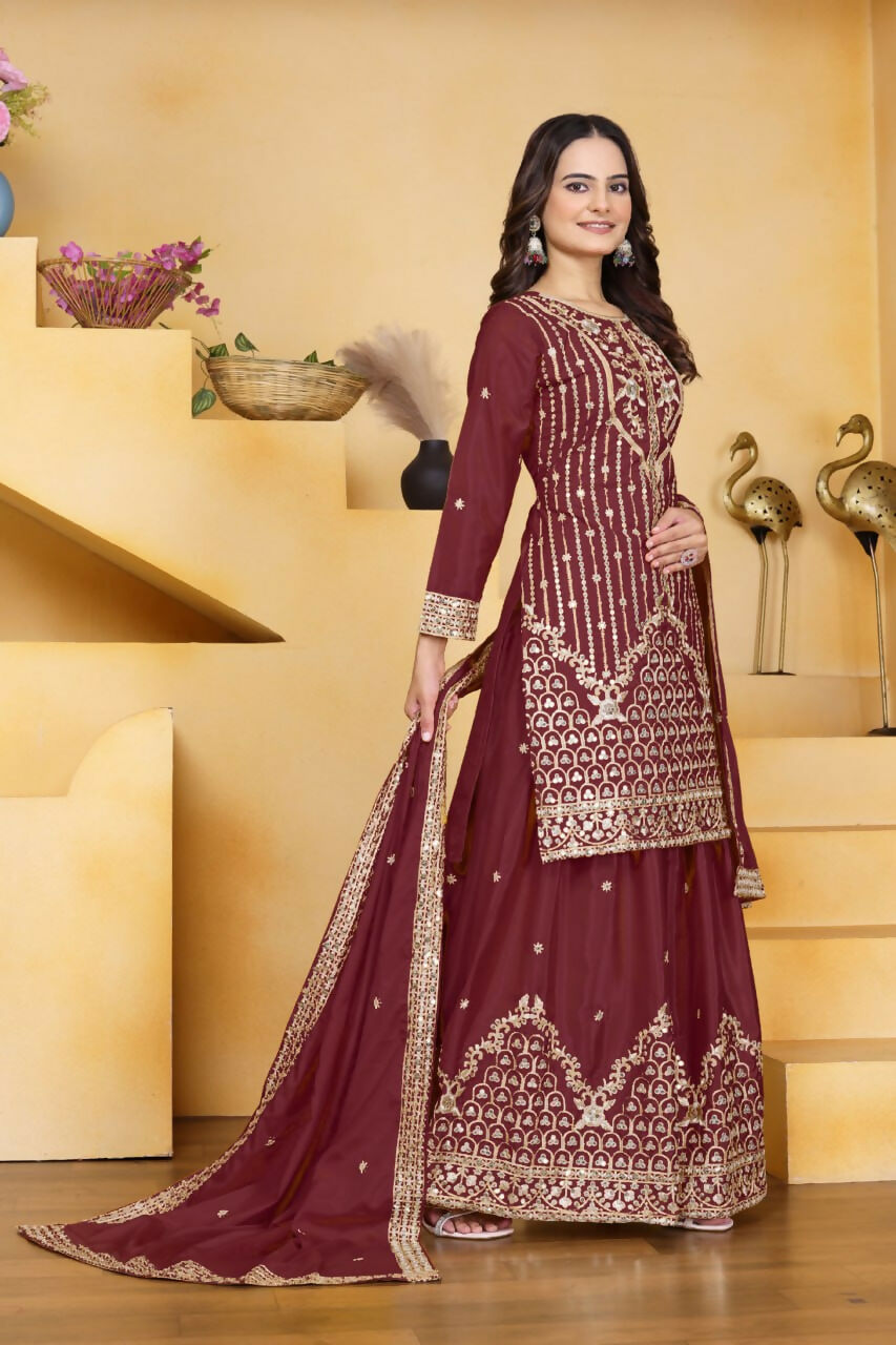 Teeya Creation Maroon Color Natural Crepe Silk Wedding Wear Trending Palazzo Set - Distacart