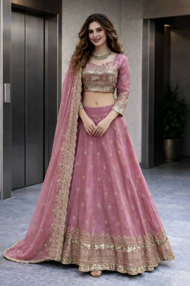 Teeya Creation Pink Color Fendy Satin Heavy Embroidery Work Wedding Wear Stitched Lehenga Choli - Distacart