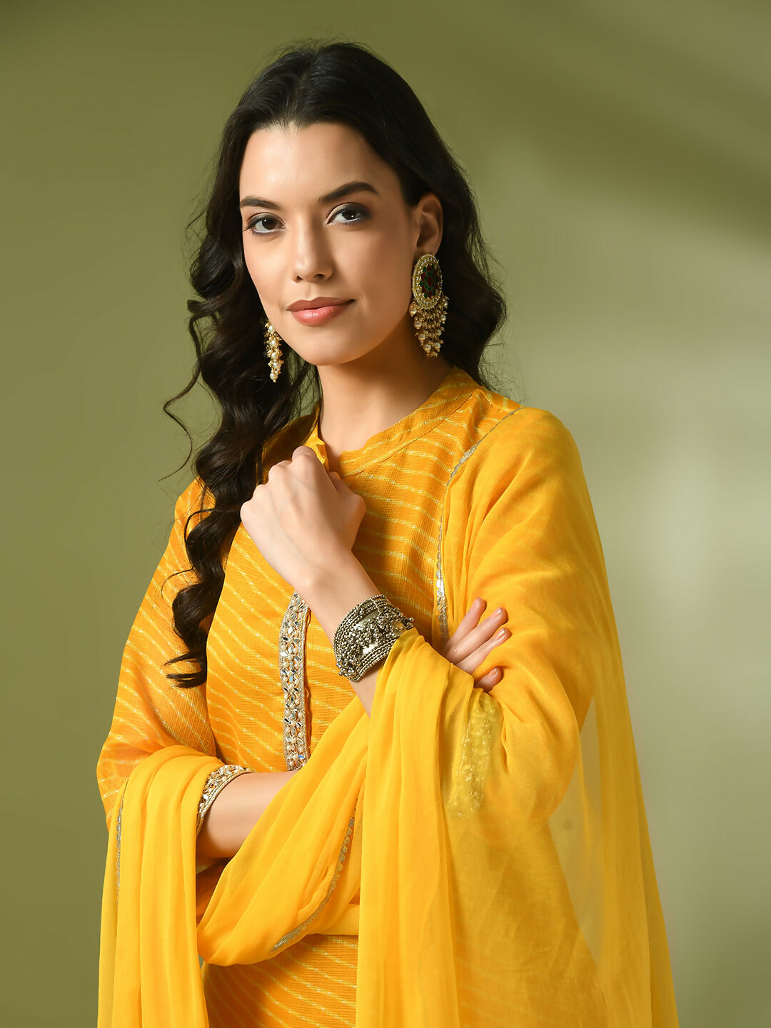 Myshka Women's Yellow Printed Kota Straight Party Kurta Set With Dupatta