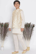 Little Bansi Banarsi Silk Floral Embroidery Jacket with Cotton Kantha kurta and Kantha Pyjama - Cream