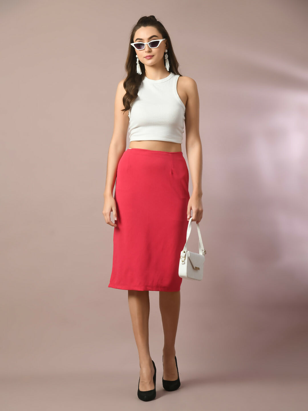 Myshka Women's Pink Solid Knee Length Party Embellished Skirts