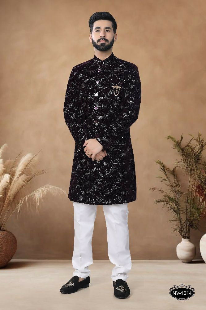 Joban Fashion Men's Wine Straight Velvet Thread & Sequence Embroidery All Over Indo-Western Kurta Set