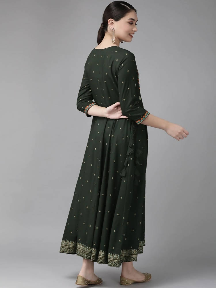 Yufta Women Green & Golden Geometric Print A-Line Maxi Dress with Embroidery Detail