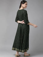 Yufta Women Green & Golden Geometric Print A-Line Maxi Dress with Embroidery Detail