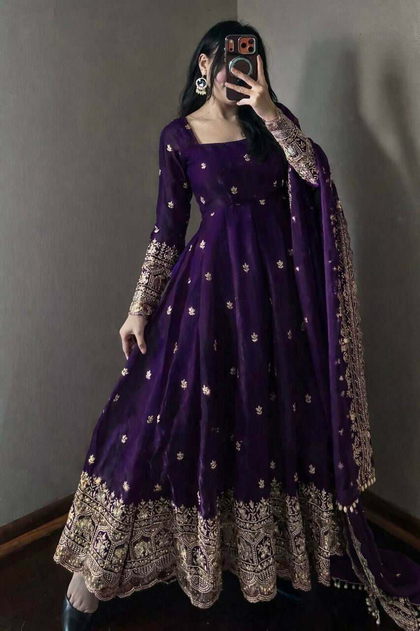 Teeya Creation Purple Fendi Silk Designer Heavy Work Wedding Wear Long Gown