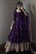 Teeya Creation Purple Fendi Silk Designer Heavy Work Wedding Wear Long Gown