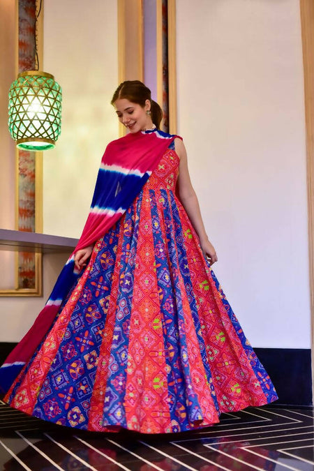 Everywhere Designer Blue & Red Silk Cotton Stitched Suit With Dupatta - Anbazaar