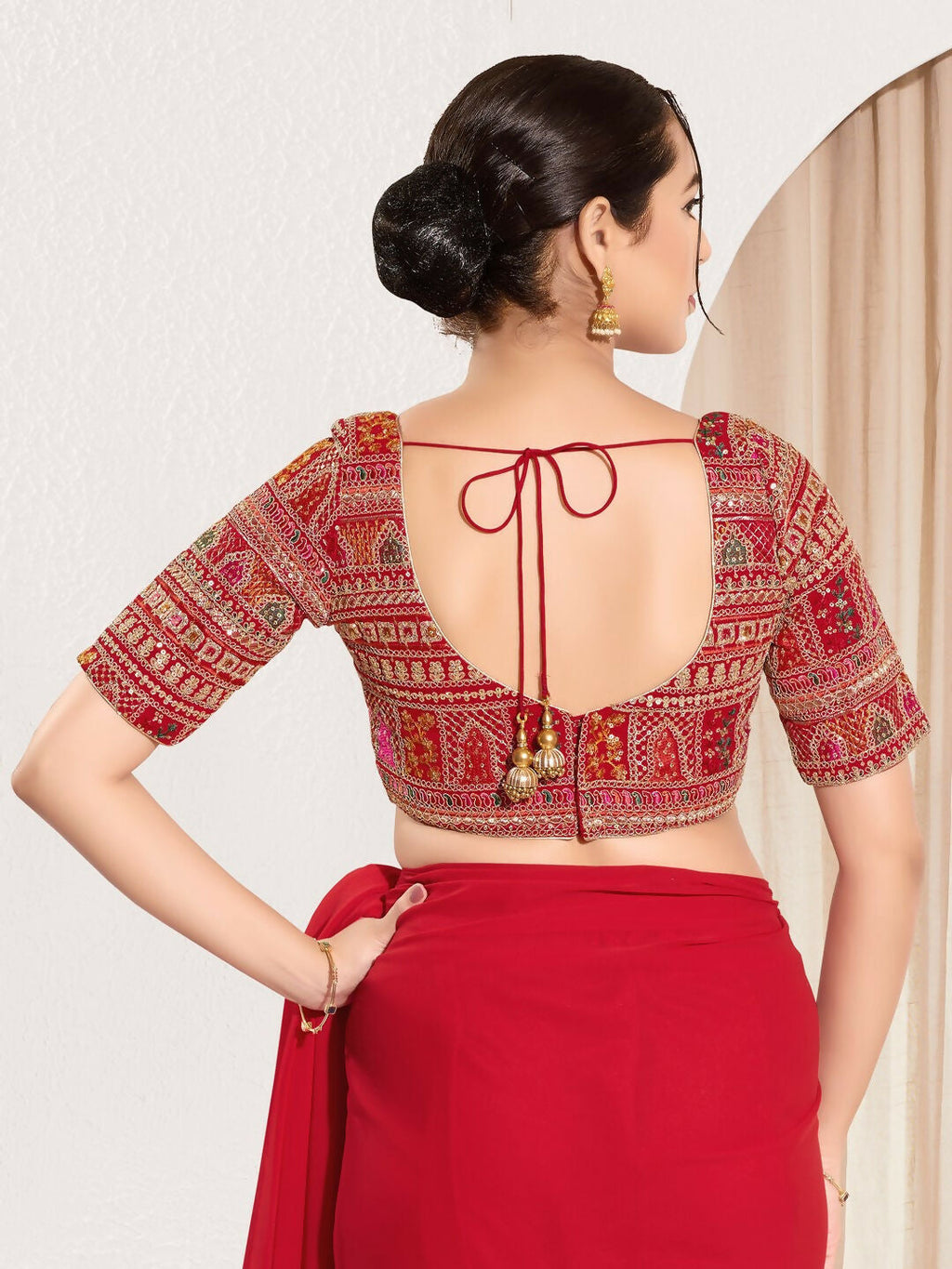 Joban Fashion Red Brocade Padded Blouse With Sweetheart Neck Elbow Sleeves - Distacart