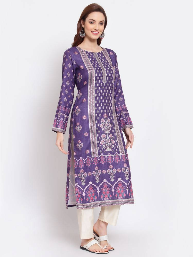 Myshka Women's Purple Printed Pashmeena Full Sleeve Round Neck Casual Kurta