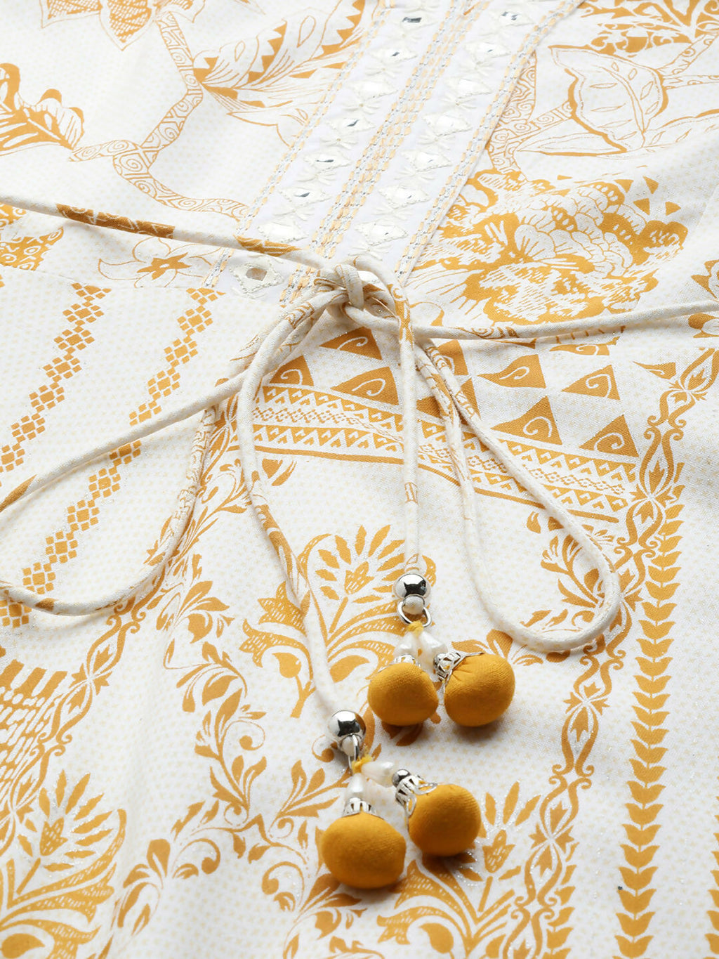 Juniper Mustard Printed Rayon Lacy Maxi Dress With Mirror Embroidered Neckline & Tassels At Waist - Distacart