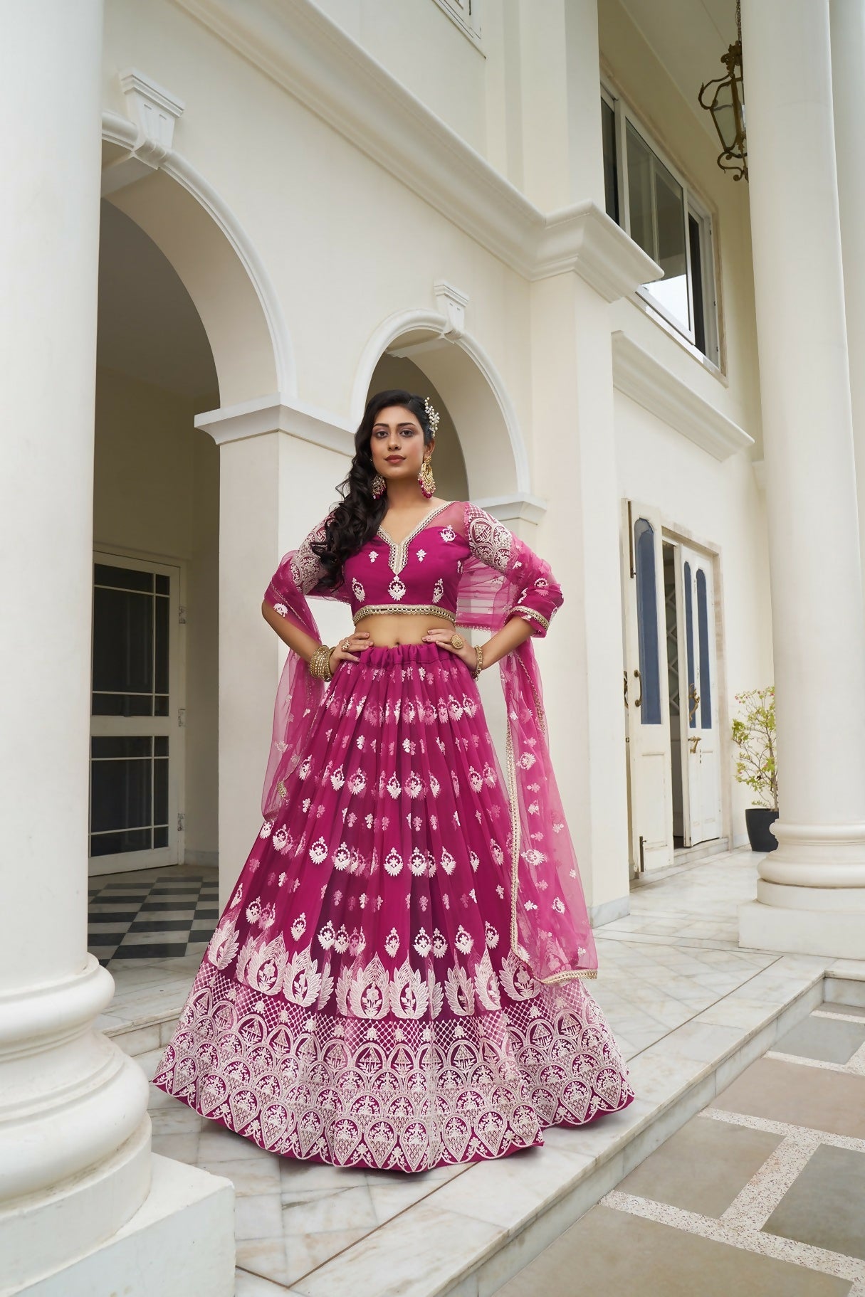 Eilara Glamorous Dark Pink Butterfly Net With Thread And Sequence Embroidered Work Fancy Lace Lehenga Choli For Wedding