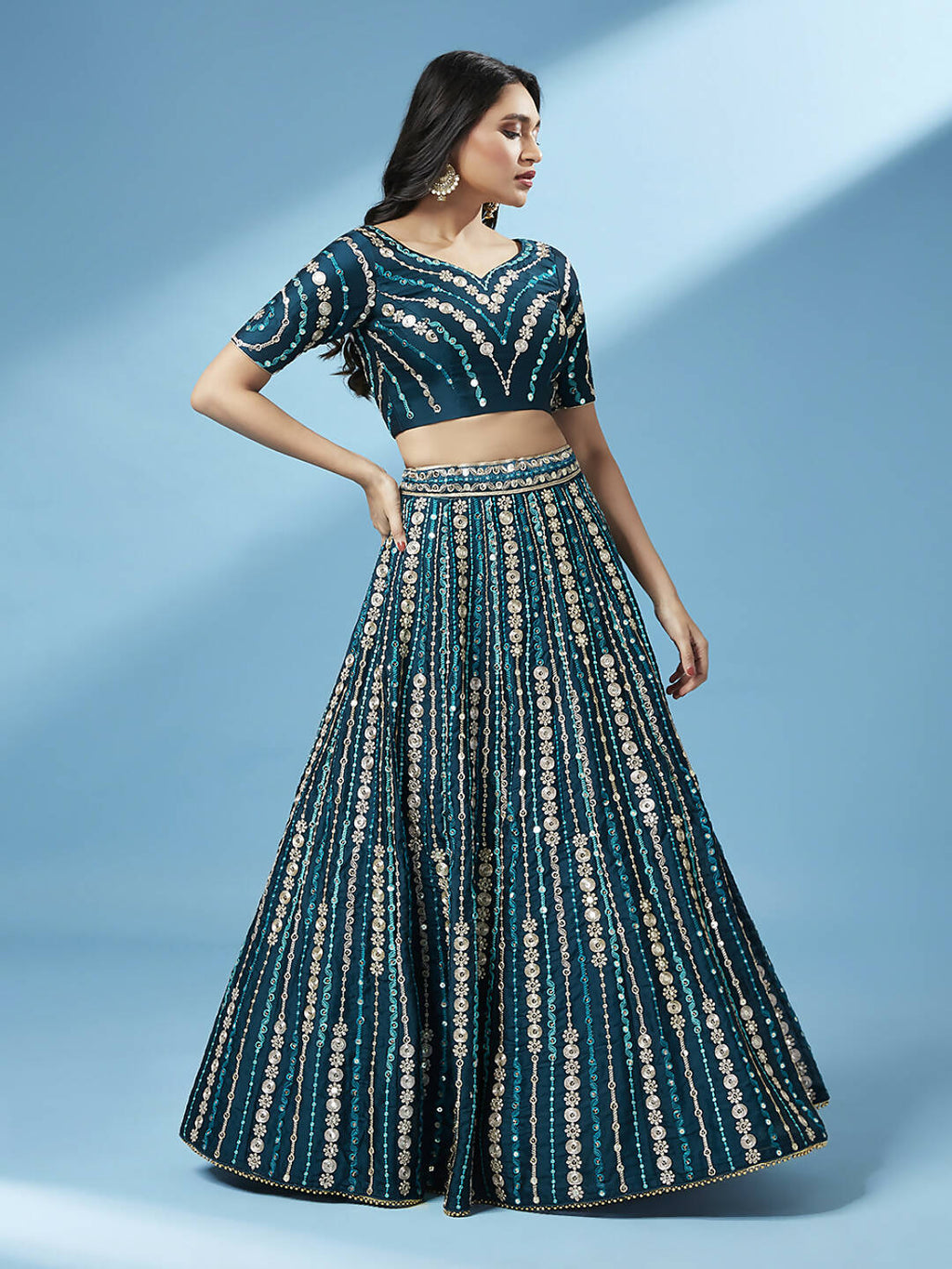 House of Panchhi Teal Pure Georgette Sequinse Work Lehenga & Blouse with Dupatta