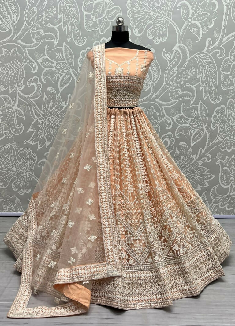 Jyoti Fashion Women's Peach Net Patterned Thread Embroidered with Sequins Wedding Lehenga Choli