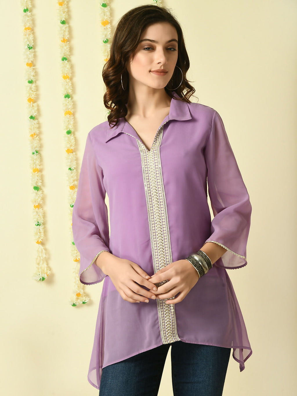 Myshka Women's Purple Embroidered Party Fusion Top