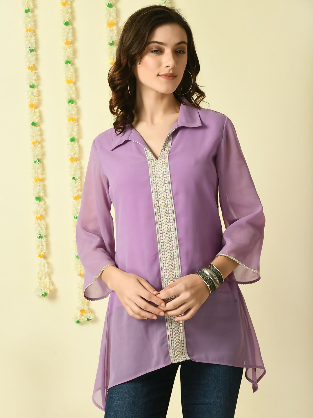 Myshka Women's Purple Embroidered Party Fusion Top