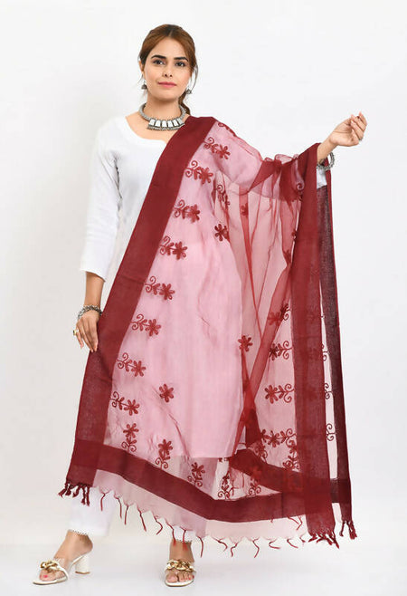 Mominos Fashion Moeza Women's Orgenza All Over Chikan Work Maroon Dupatta