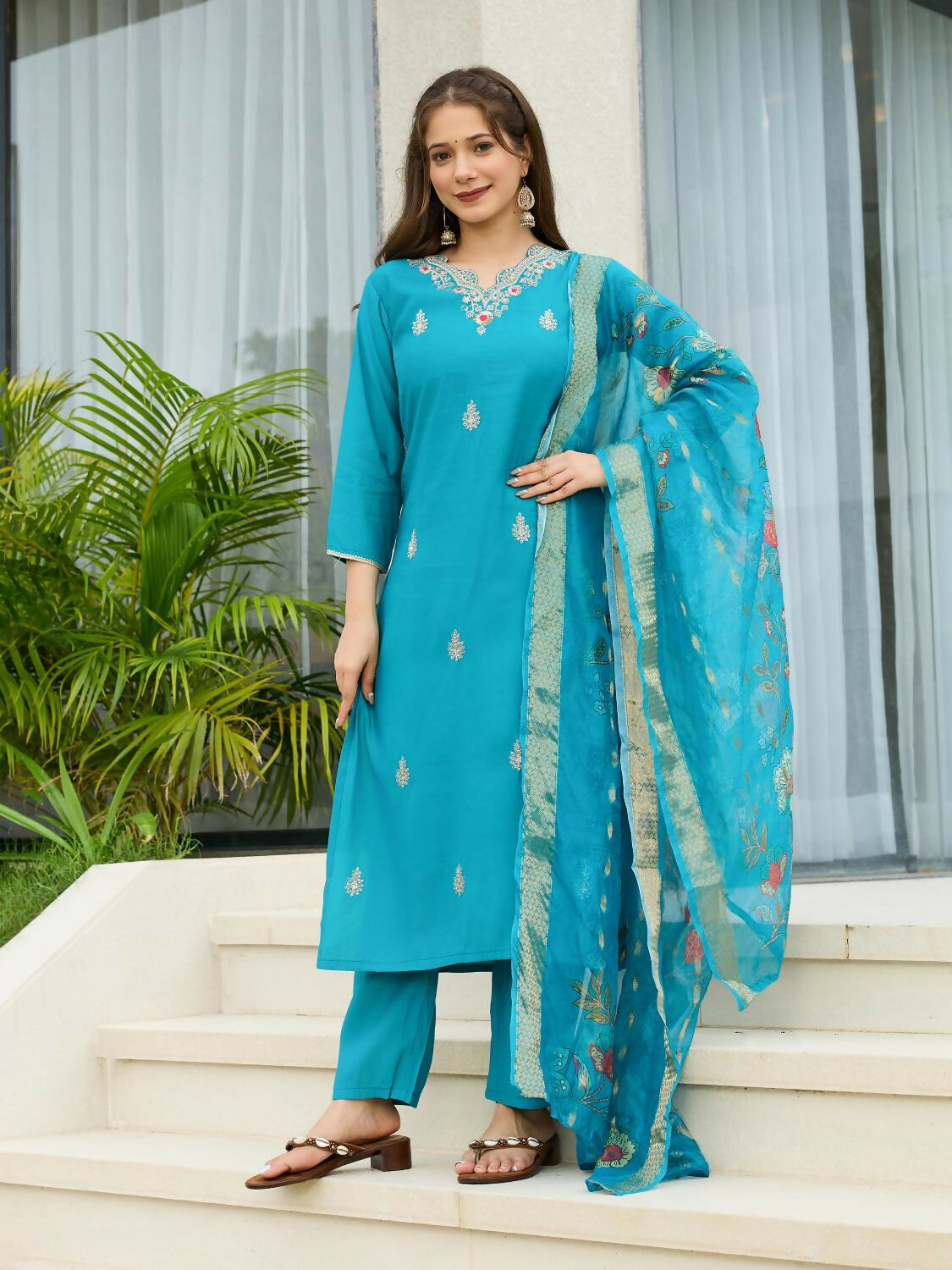 The52 Blue Women's Gorgeous Viscose Fabric Embroidered Work Straight Kurta, Pant and Dupatta Set - Distacart