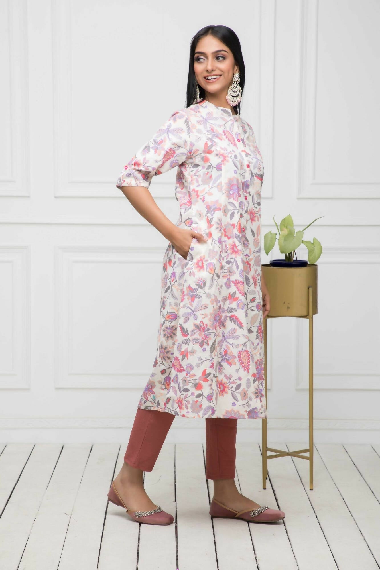 Myshka Women Cotton A-Line Round Neck Multi Floral Kurtas - Distacart