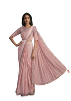 Peach Georgette Crepe Silk Sequence Embroidered Saree With Stitched Blouse - Mohmanthan La Belle