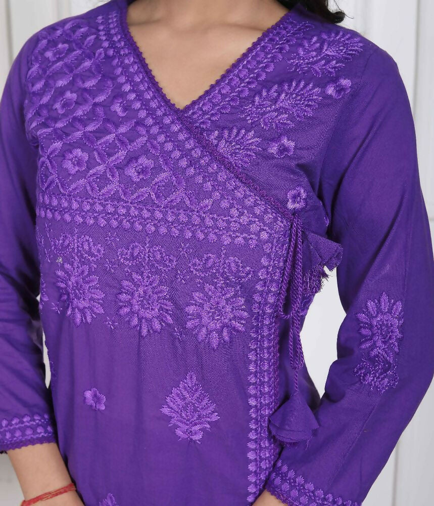 Miravan Womens Purple Floral Printed Angrakha Style Kurta With Palazzo - Distacart