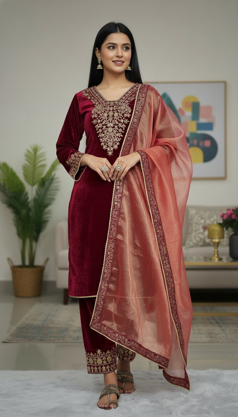 Teeya Creation Red Color Velvet Designer Embroidery Work party Wear Suit - Distacart