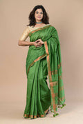Very Much Indian Handloom Cotton Silk Maheshwari Saree With Sleek Golden Border - Leaf Green