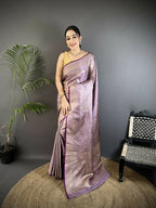 Joban Fashion Lavender Floral & Paisley Motifs Soft Satin Silk Banarasi Saree - Distacart