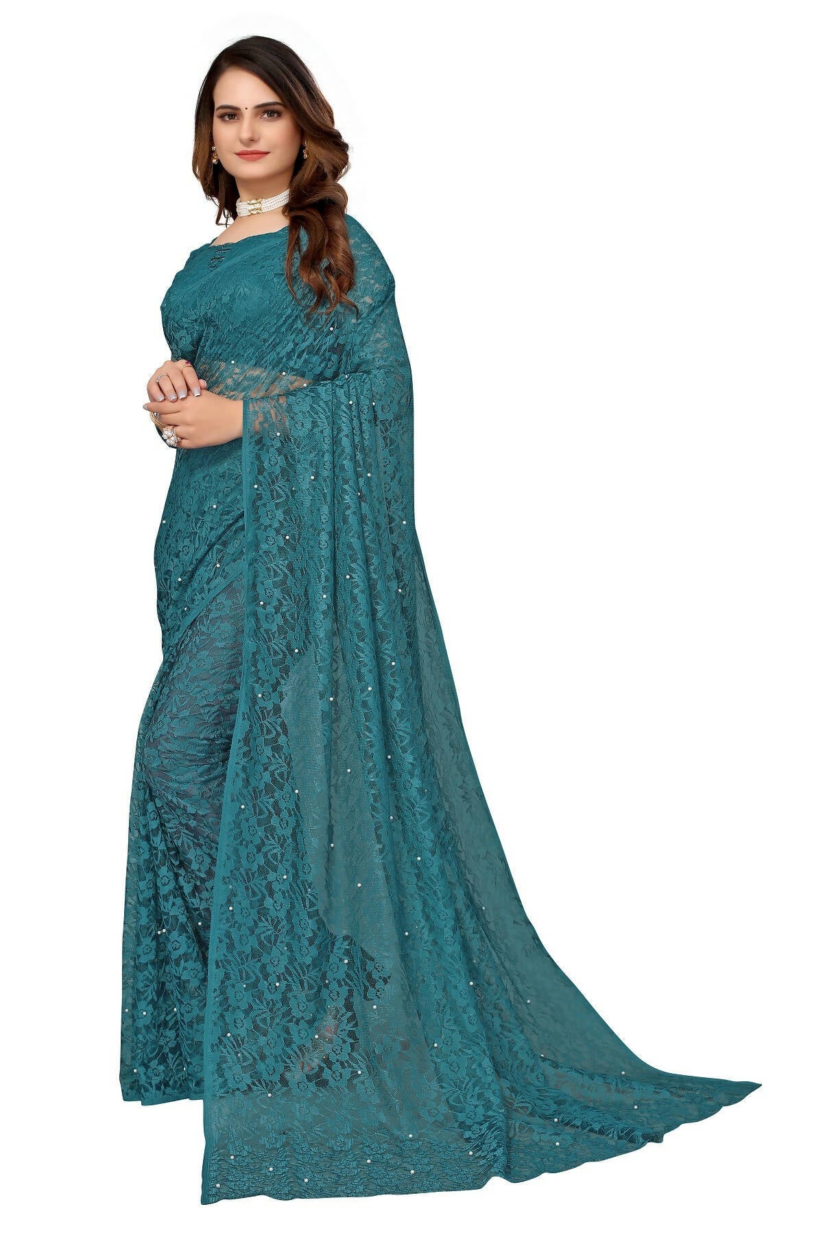 Vamika Rama Green Pearls Net Saree - Distacart