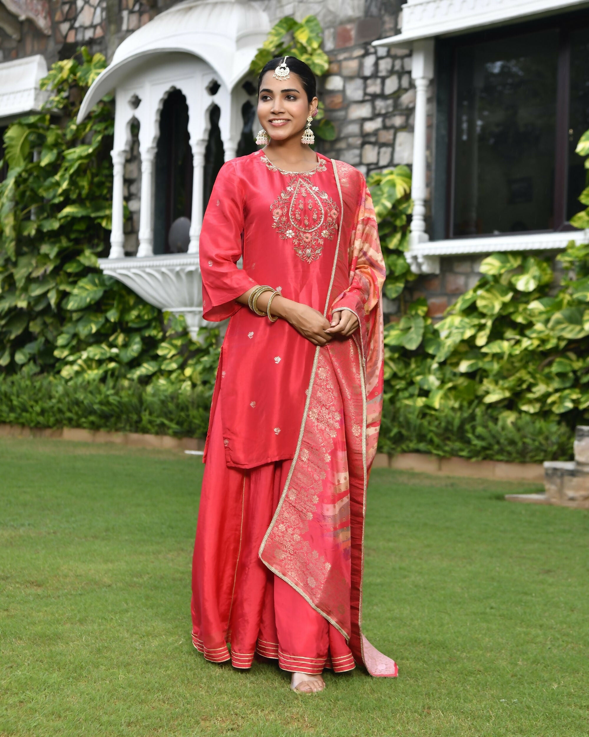 Vaasva Women's Silk Red Emboidered Solid Kurta, Sharara & Dupatta Set