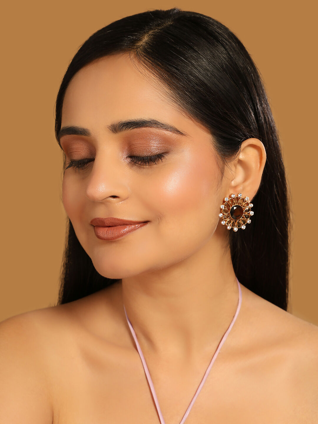 Nuyug 22K Gold Plated Faux Smoky Quartz & White Crystal Studded Contemporary Floral Shaped Studs - Distacart